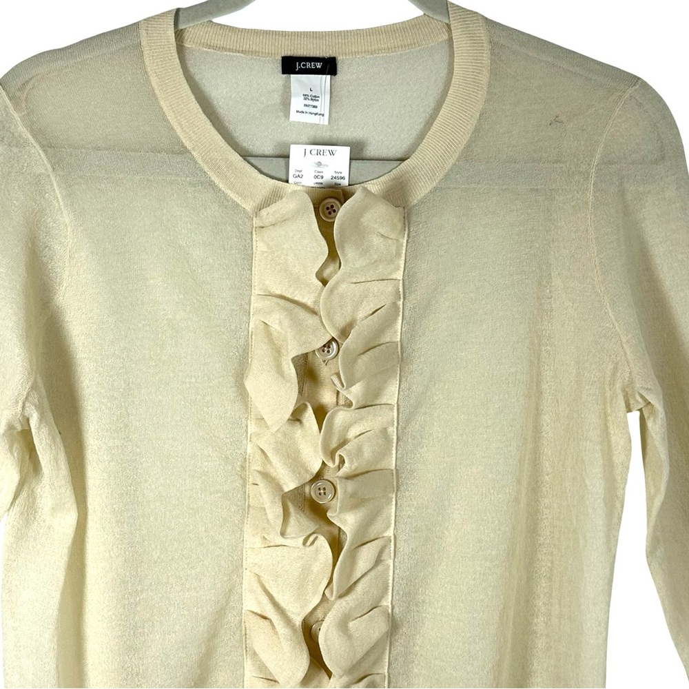 J. Crew NWT Semi-Sheer Ruffle Front Button Up Neck Cardigan Sweater Size Large - Picture 2 of 11